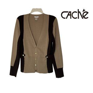 CACHE'  Women's Two-Tone Cardigan Mocha/Brown V-neckline XL